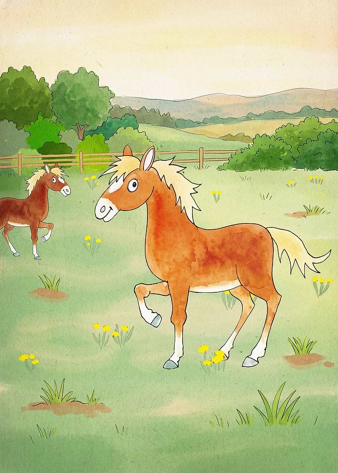 Cute Horse Meadow Watercolor Poster