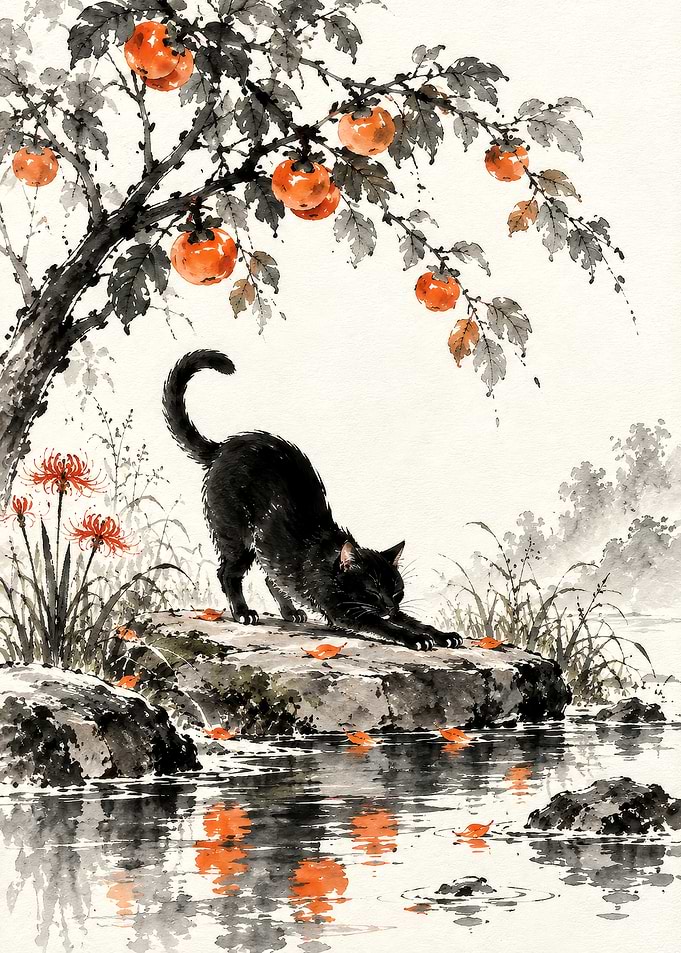 Black Cat Stretching Under Persimmon Tree