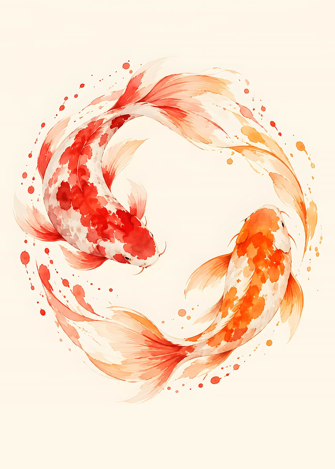 Yin Yang Watercolor Koi Fish