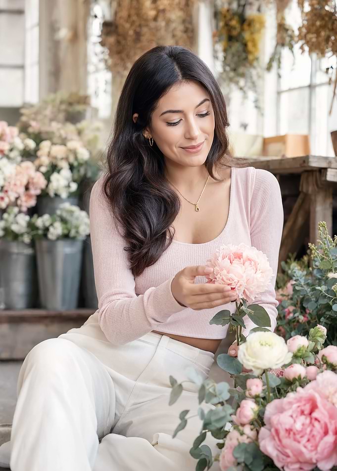 Woman Arranging Pink Peonies in Shop