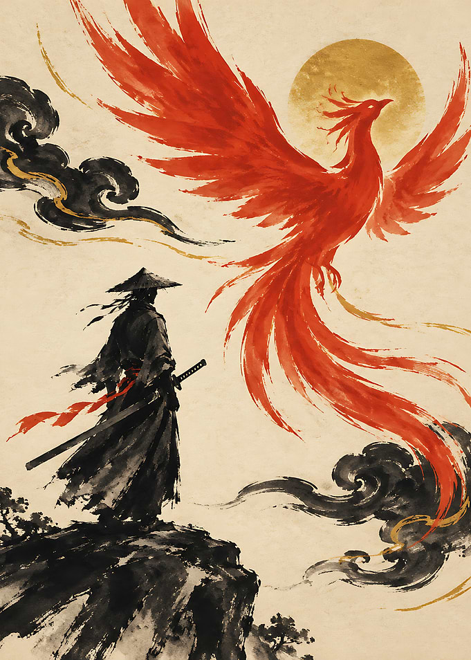 Samurai Facing a Fiery Phoenix