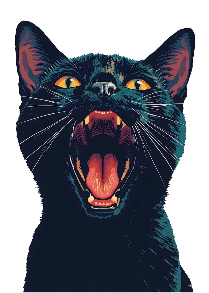 Yawning Black Cat Illustration