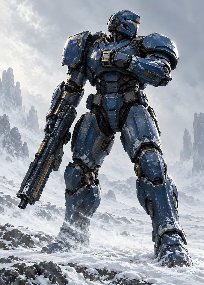 Blue Armored Spartan Soldier in Snow