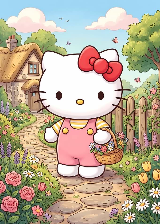 Hello Kitty in a Flower Garden