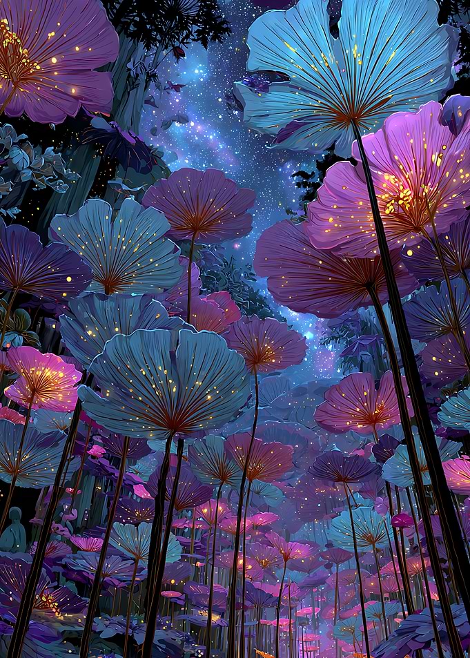 Bioluminescent Flowers Under Starry Night Sky