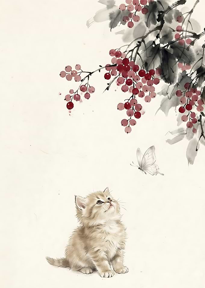 Kitten Watching Butterfly Under Berries