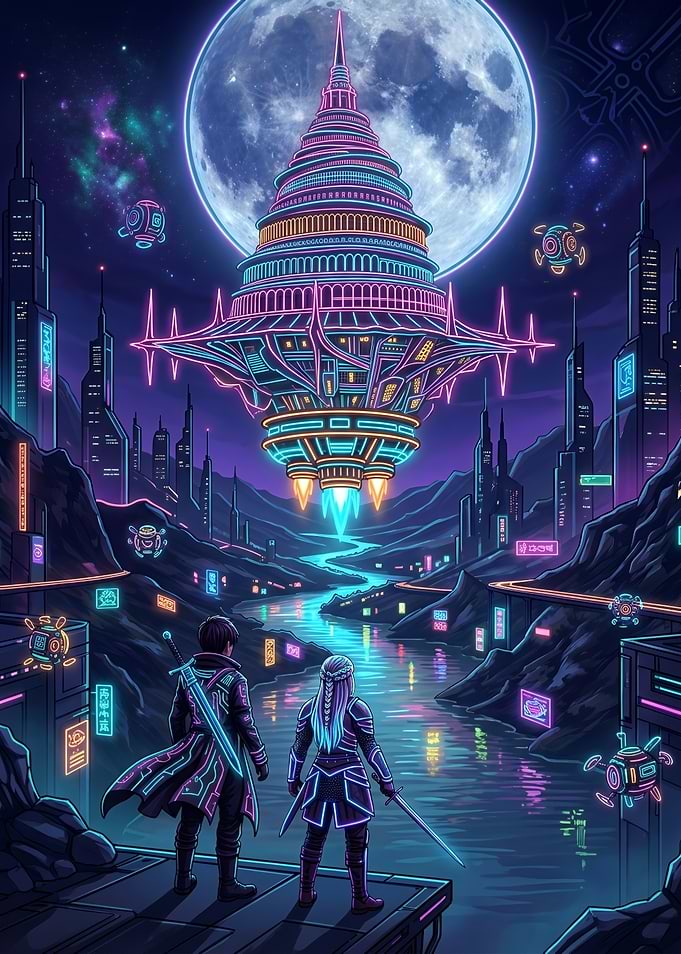 Cyberpunk Fantasy Warriors Before Floating City