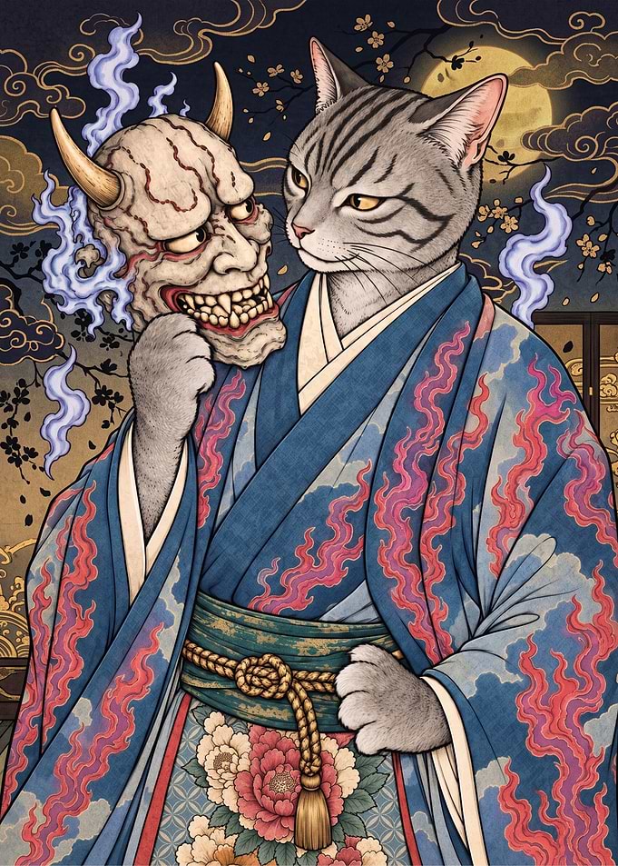Cat in Kimono Holding Oni Mask