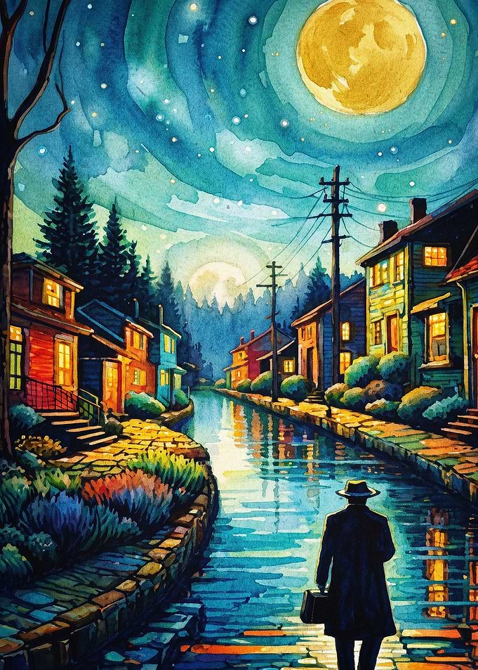 Moonlit Canal Night Town Watercolor