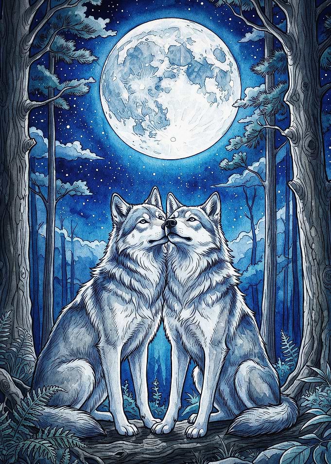 Wolf Moon Love Watercolor Art