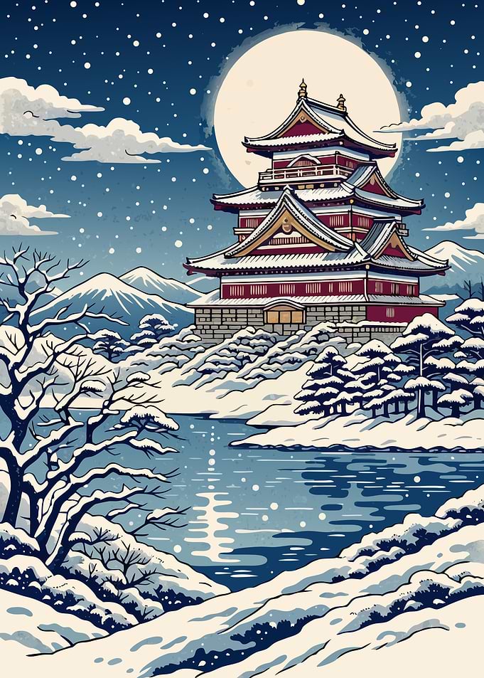 Moonlit Winter Castle – Serenity in the Snow