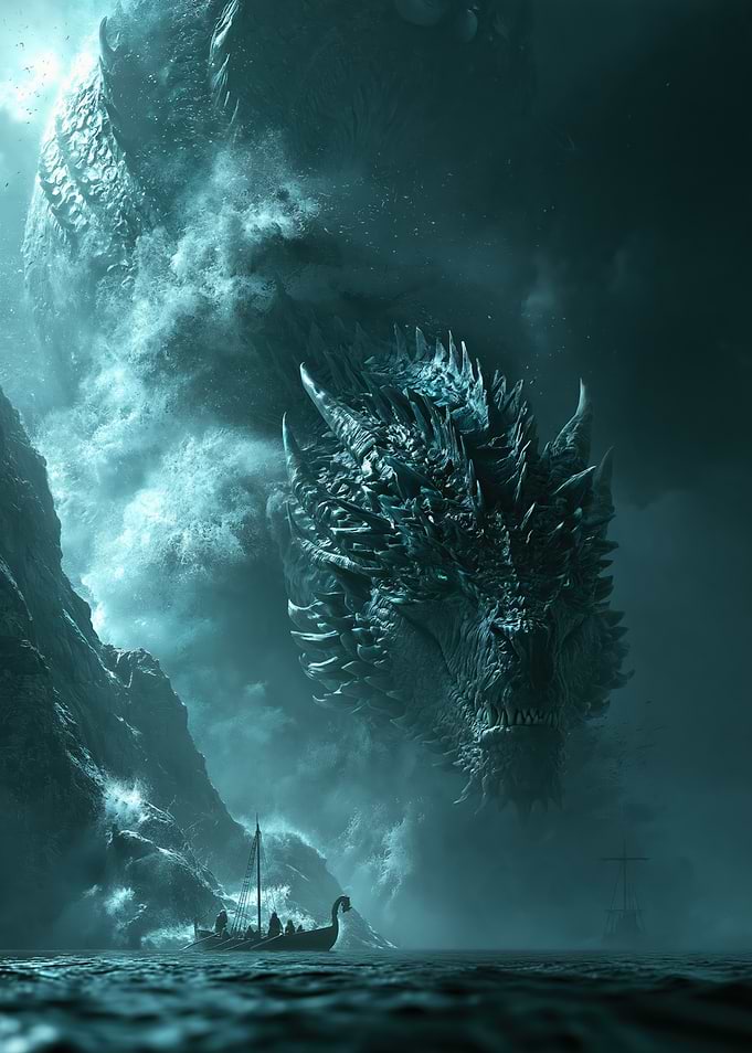 Colossal Sea Dragon Attacking Viking Ship