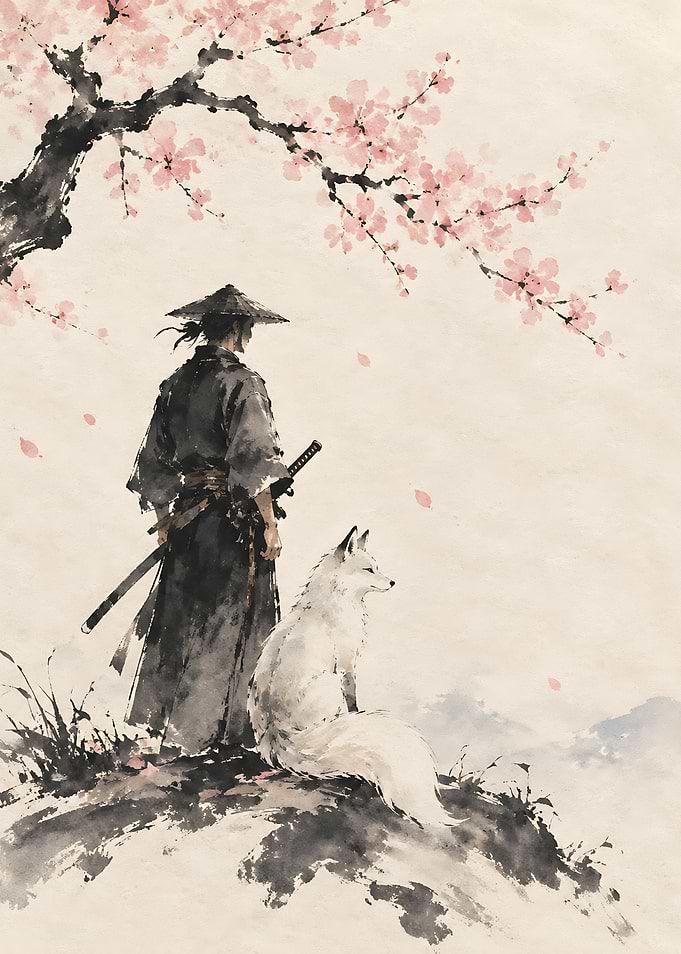 Samurai and White Fox Under Sakura