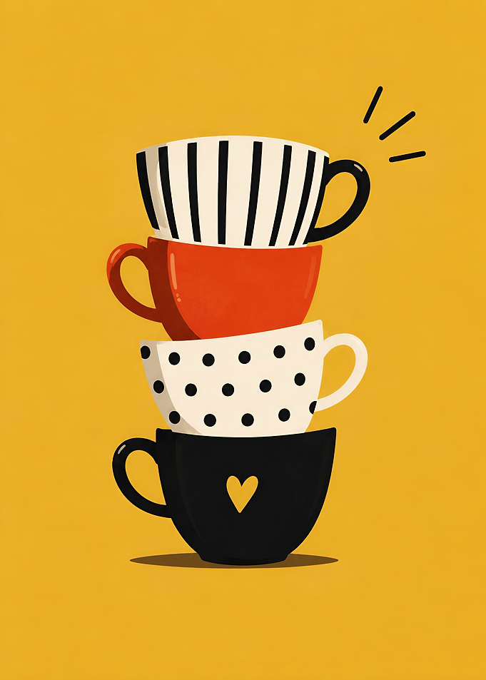 Stacked Decorative Coffee Cups Kitchen Art