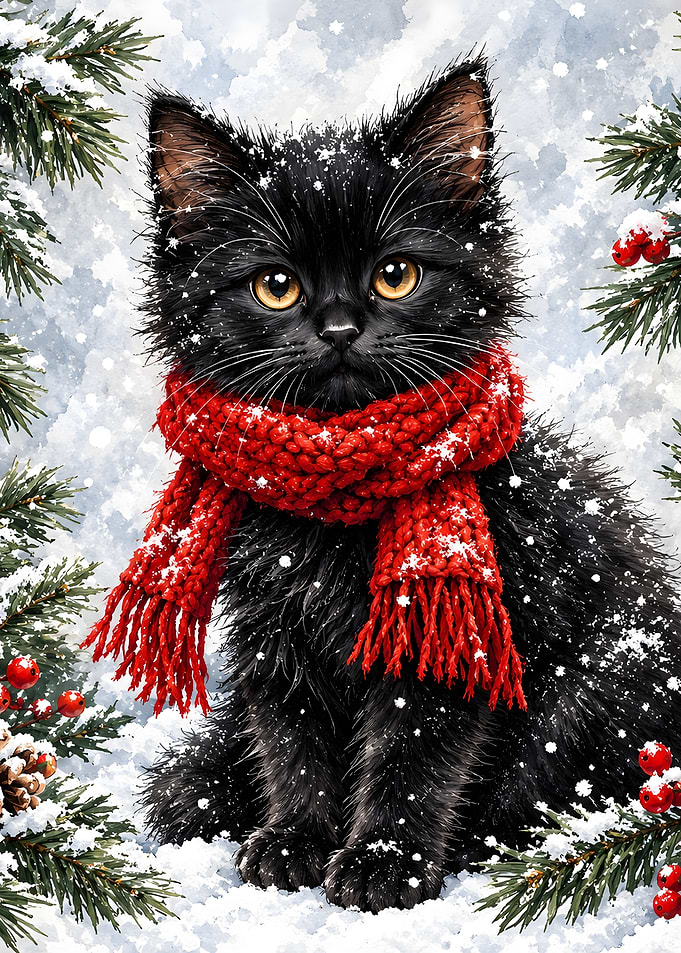Black Kitten in Red Scarf Christmas Black cat