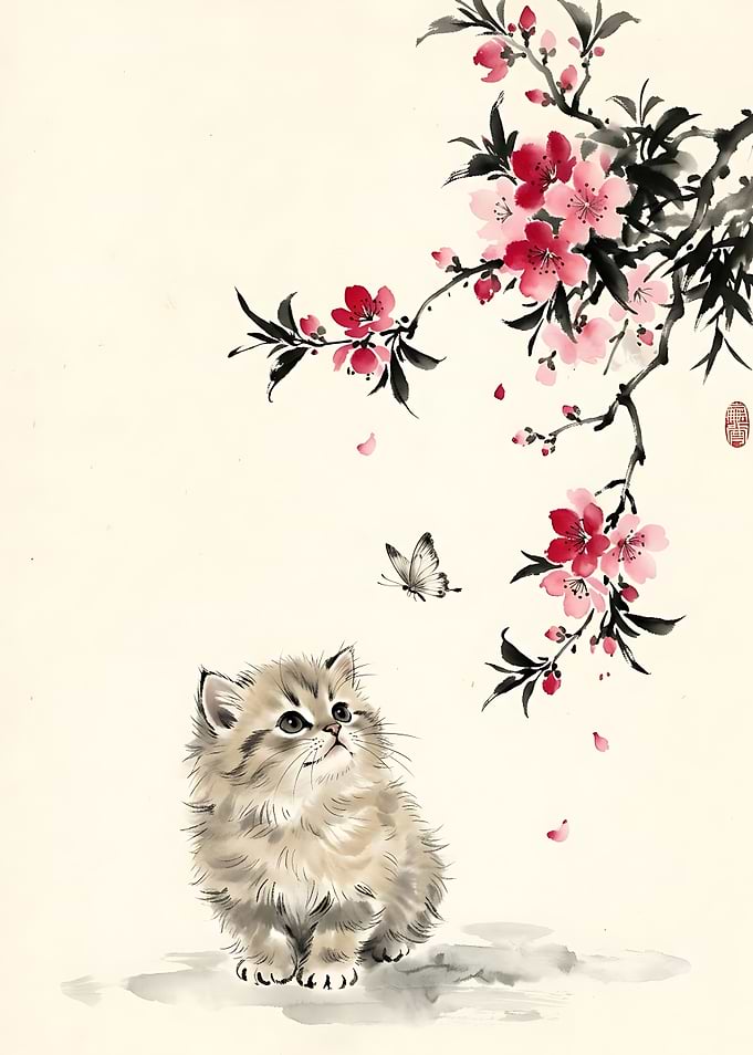 Kitten Watching Butterfly Under Cherry Blossoms