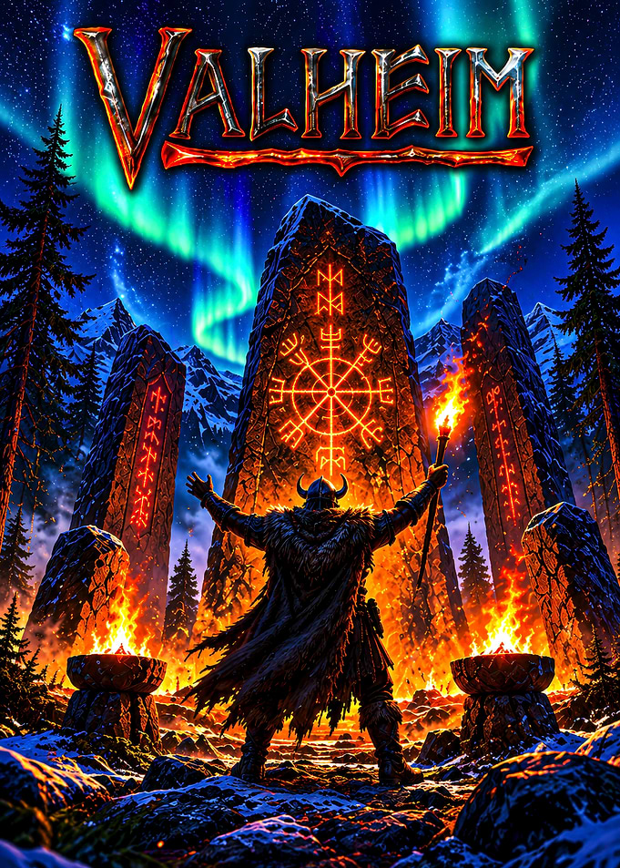 Valheim Viking Warrior Standing Before Runestones