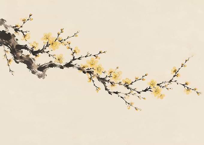 Traditional Ink Wash Plum Blossom Branch
