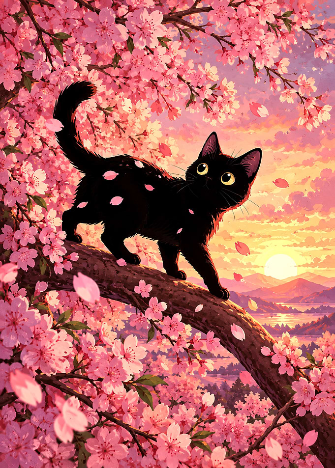 Black Cat in Cherry Blossom Tree