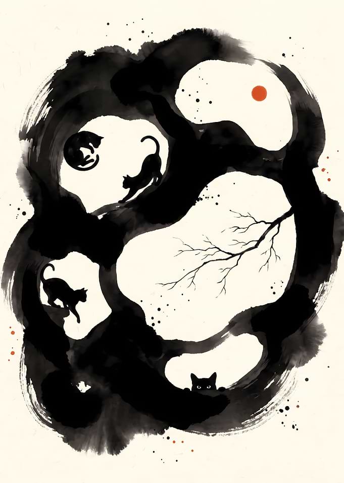 Ink Wash Painting of Black Cats