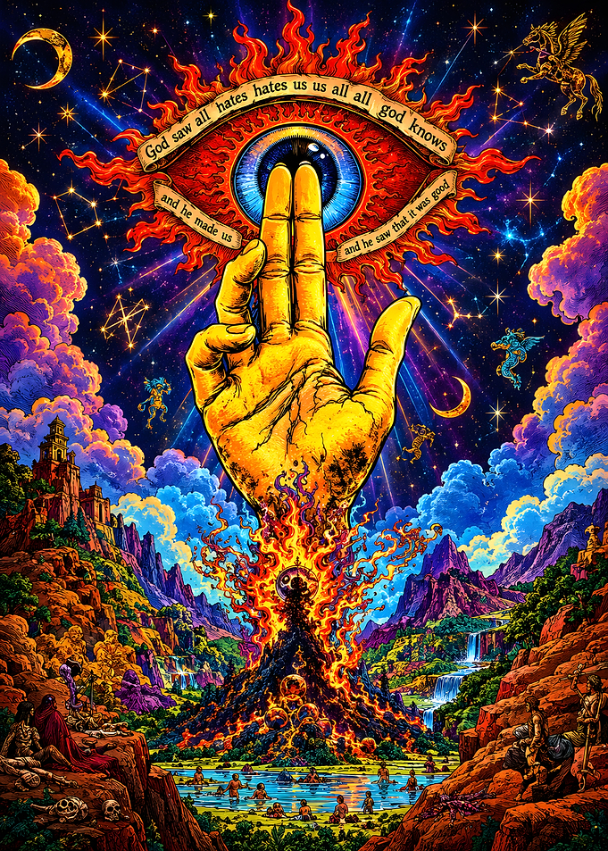 Surreal Cosmic Hand and Eye Illustration