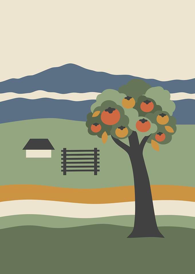 Persimmon Tree on an Autumn Hillside β Japandi Minimalist Japanese Wall Art