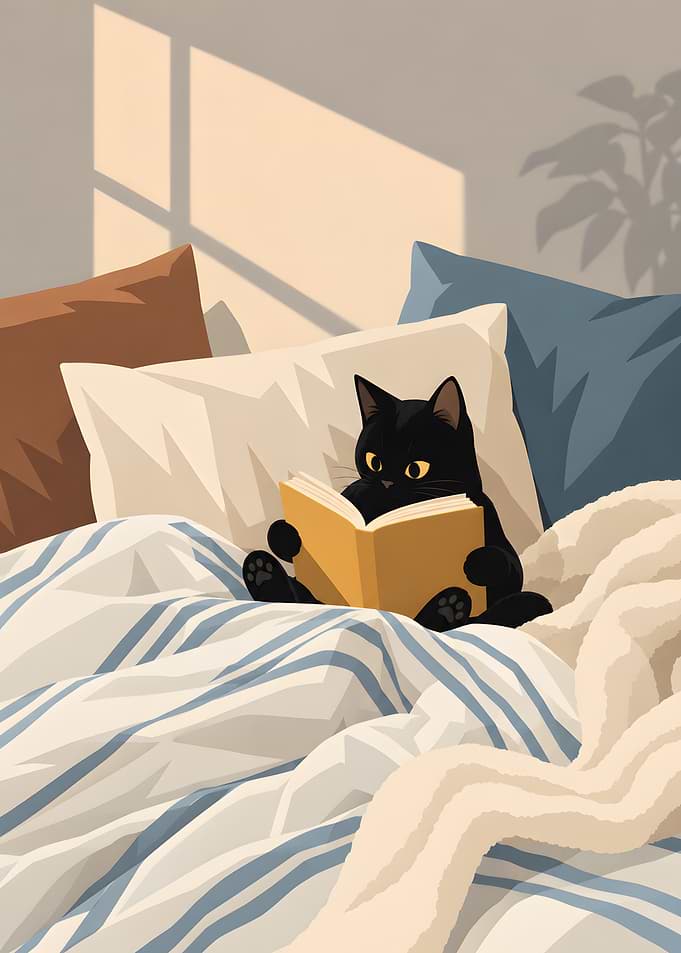 Cozy Nighttime Cat Reading Book