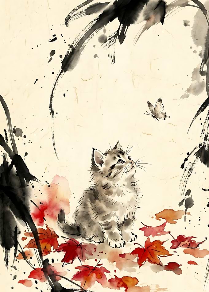 Kitten Watching Butterfly Ink Wash Painting