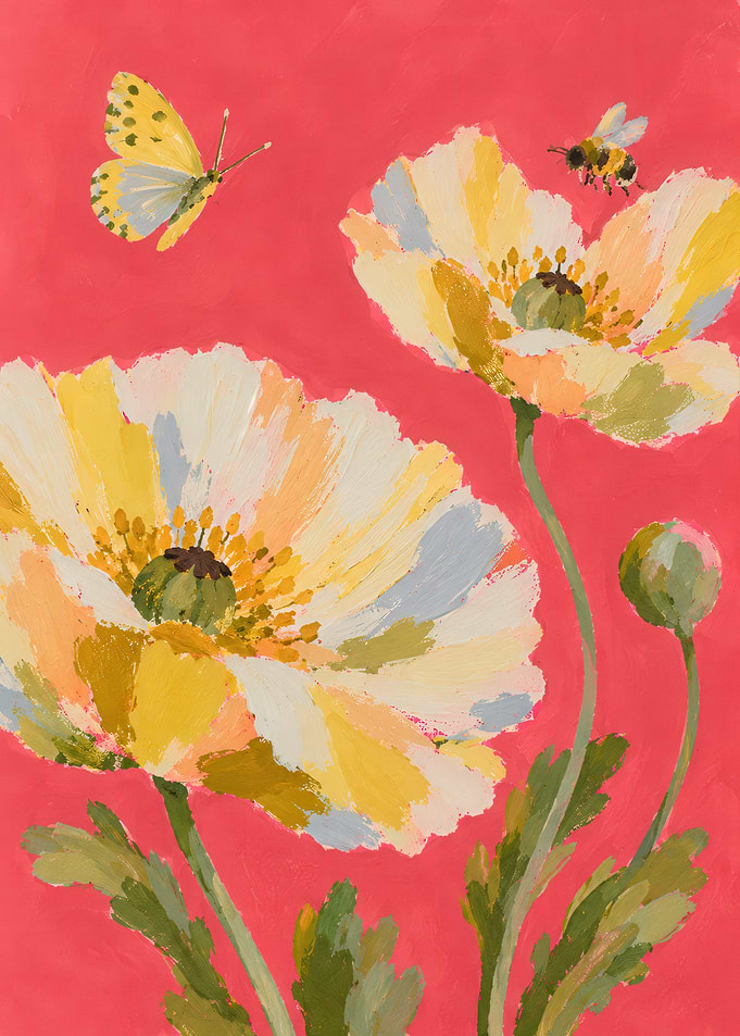 Painted Poppies with Butterfly and Bee