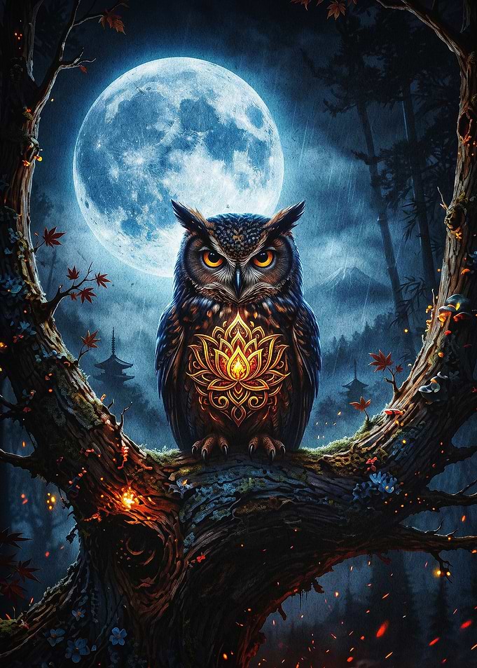 Owl Lotus Moon Night Magic Art