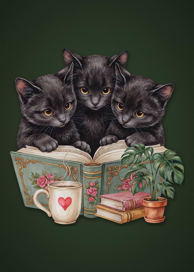 Three Black Kittens Reading Together