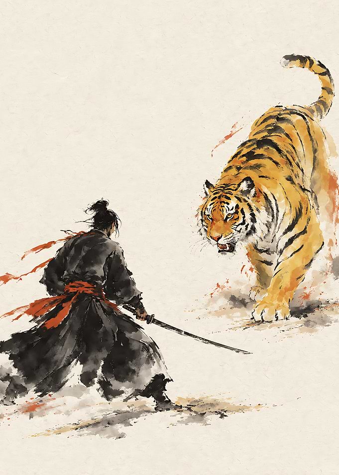 Samurai Facing a Tiger Ink Painting
