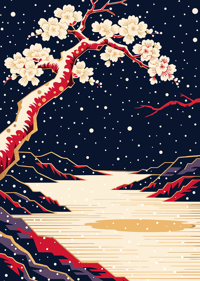 Japanese Cherry Blossom Ukiyo-e Metal Poster, No Text