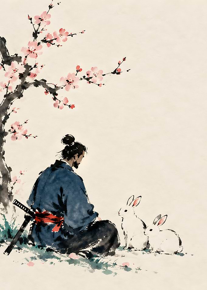 Samurai Sitting with Two Rabbits