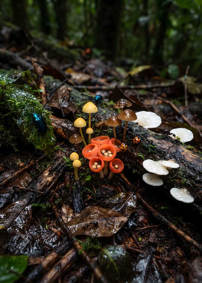 Diverse Fungi and Insects in Forest
