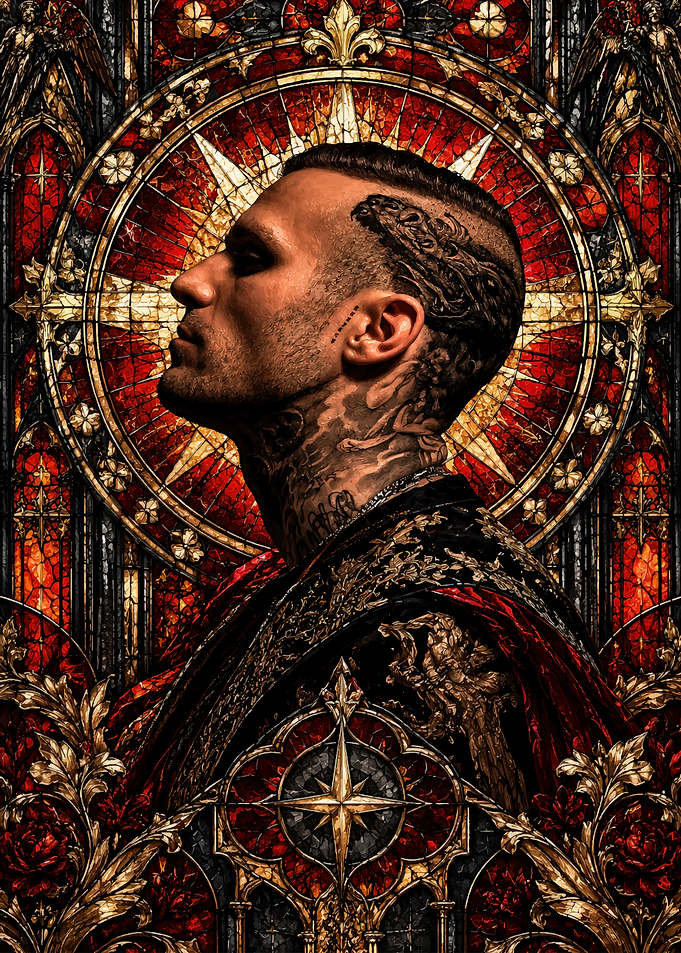 Kontra K Tattooed Man in Stained Glass Frame