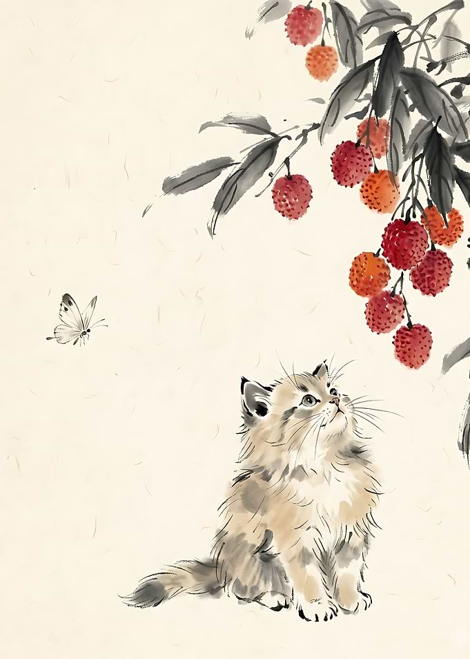 Kitten Watching Butterfly and Lychee Fruit