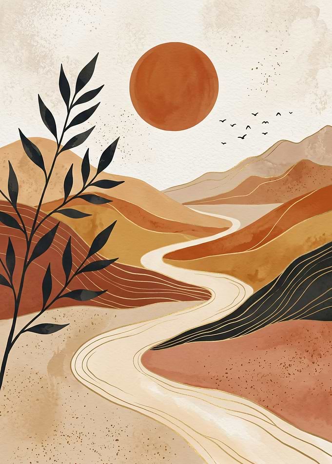Boho Abstract Landscape with Sun