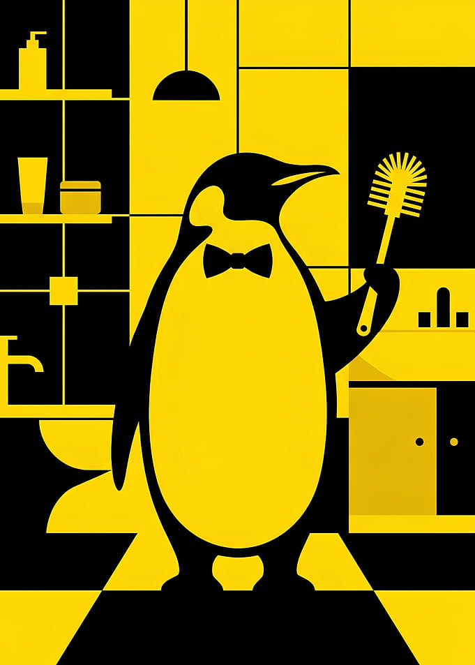 Dapper Penguin Cleaning Bathroom Illustration