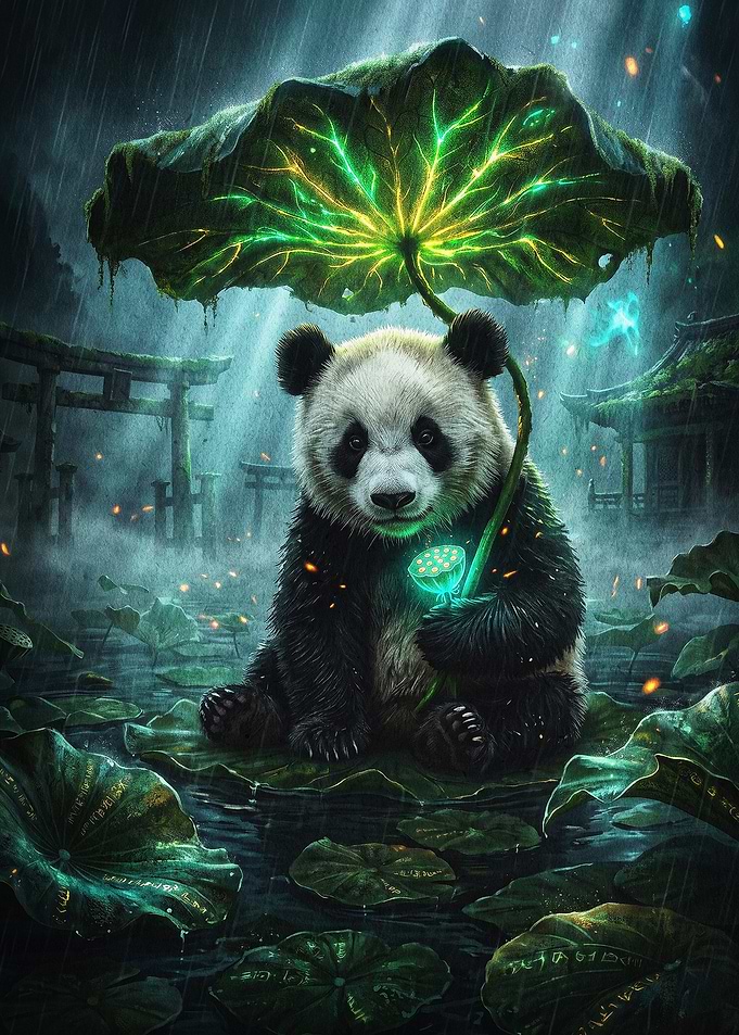 Panda Rain Glowing Leaf Fantasy Art