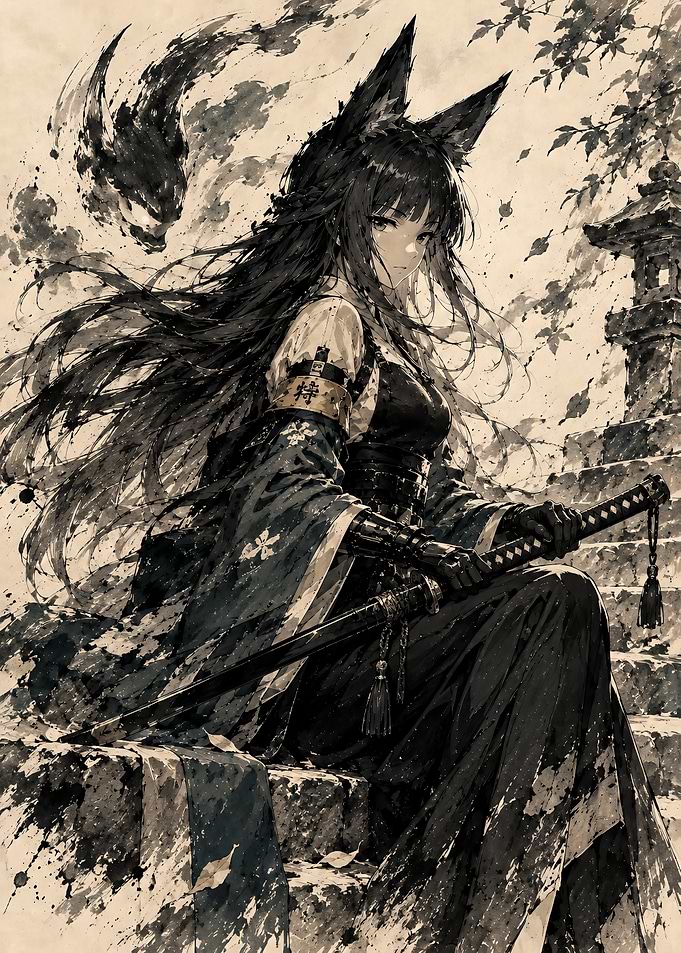 Ink Wash Style Fox Girl Samurai