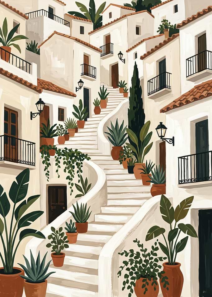 Mediterranean Staircase with Potted Plants