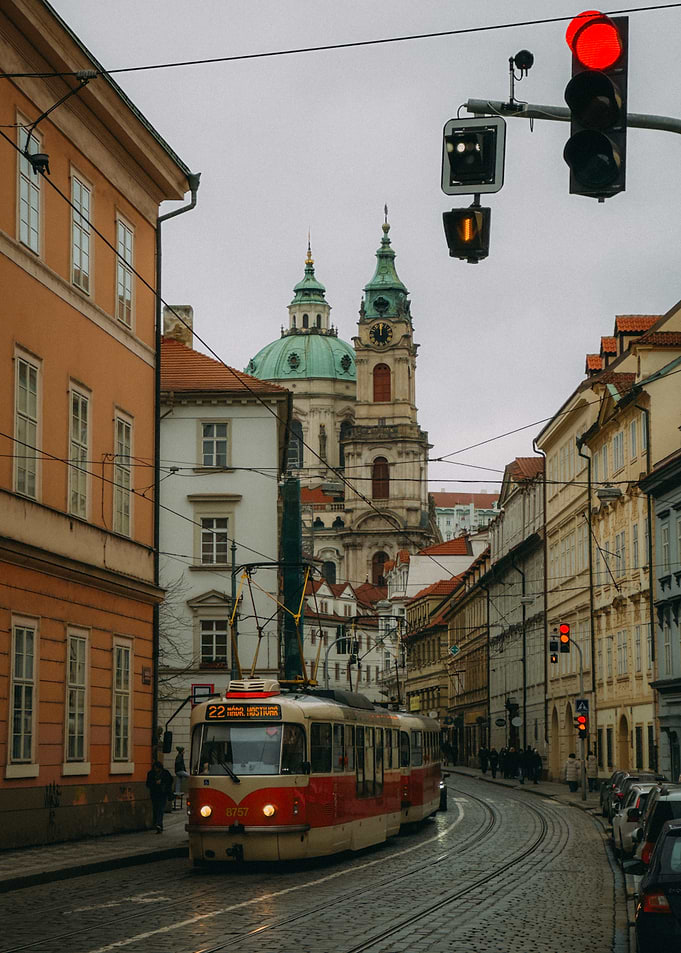 Red Tram in Prague Old Town – Historic Czech Street Photography