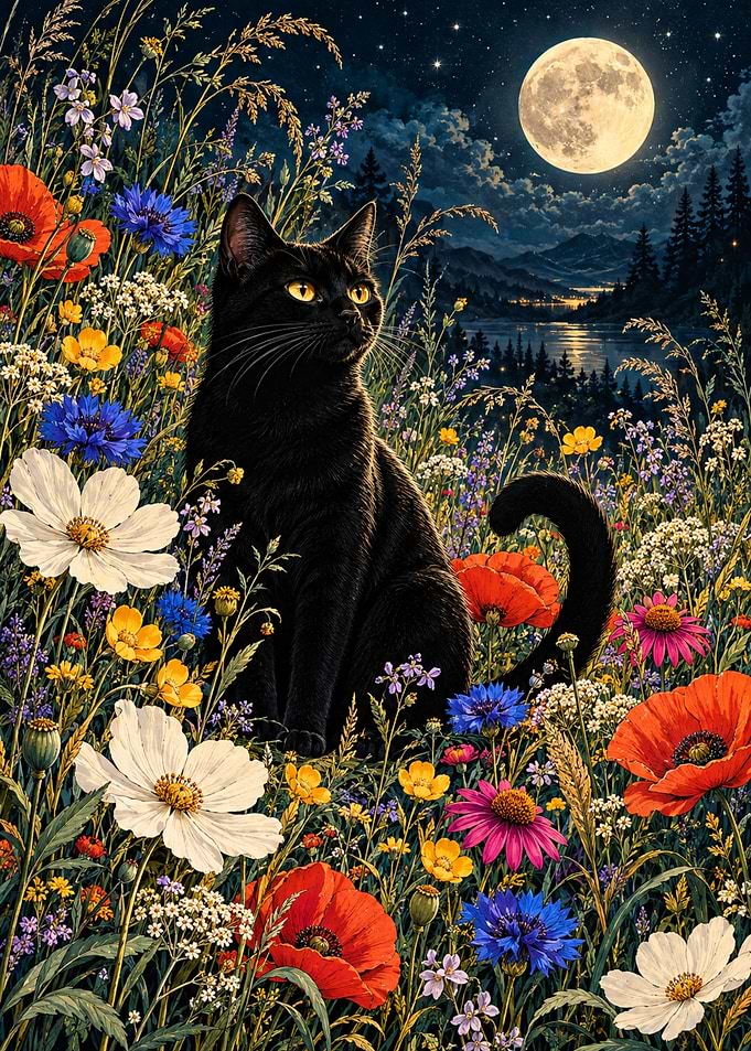Black Cat in Wildflower