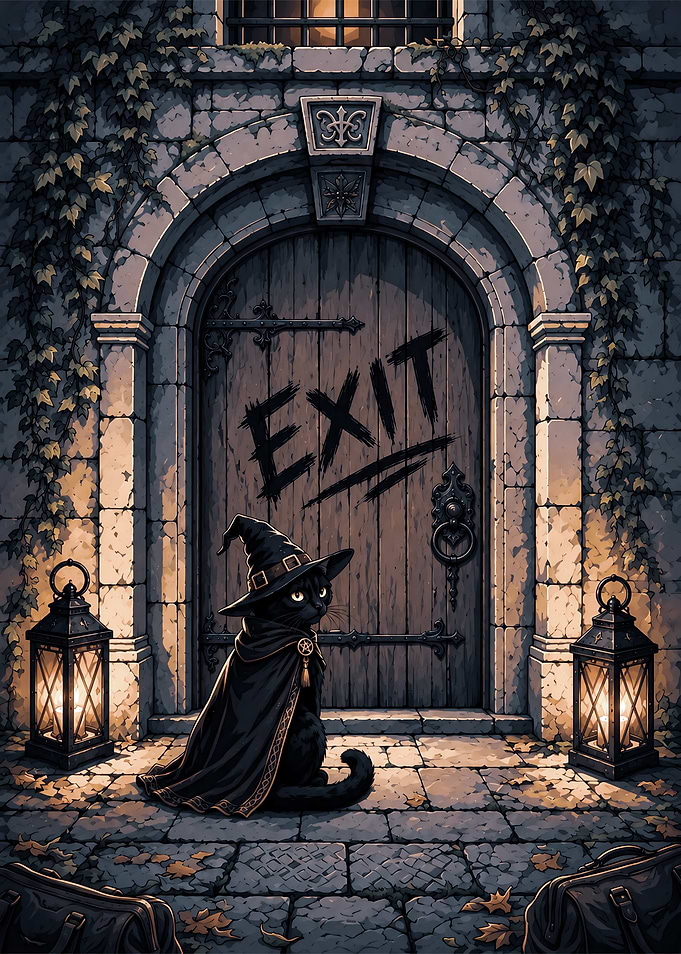Dark Academia | Black Cat Wizard at Exit Door