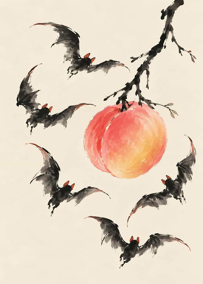 Ink Wash Painting of Bats and Peach