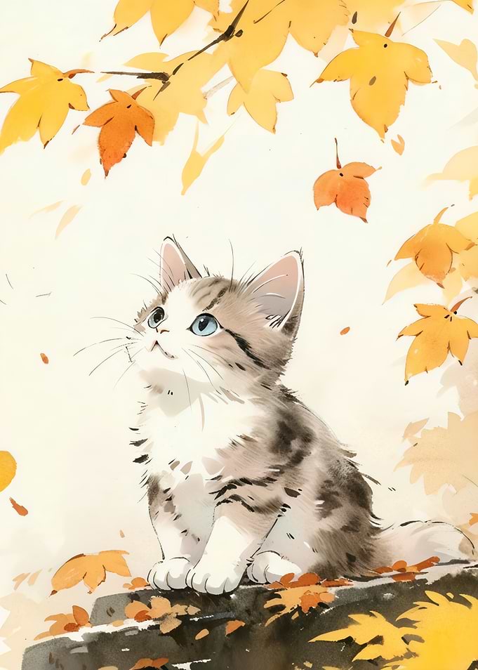 Cute Kitten Under Autumn Leaves
