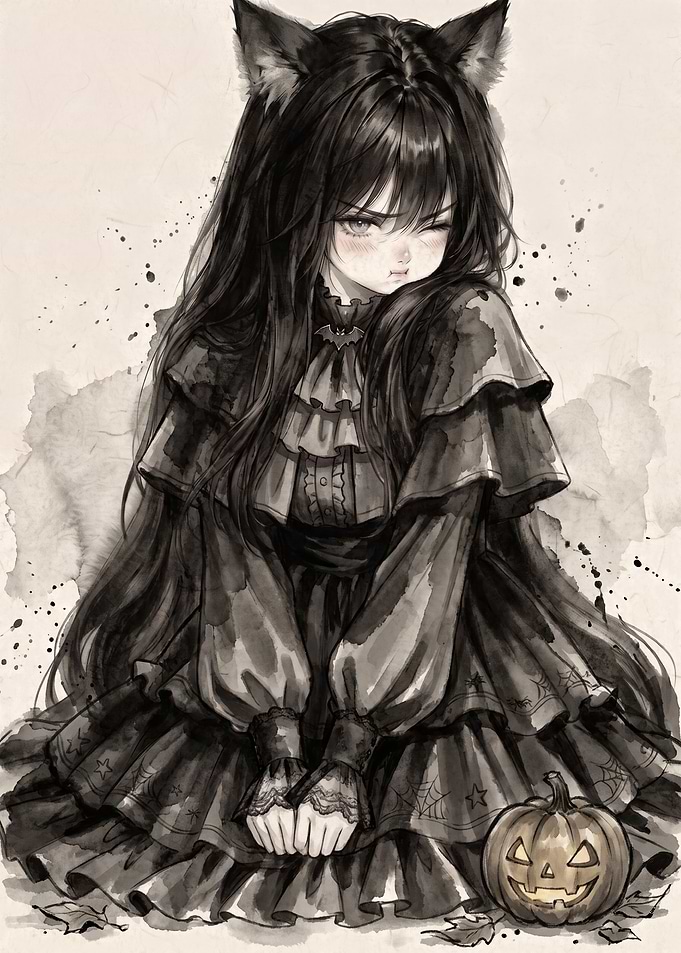 Pouting Cat-Eared Girl with Pumpkin