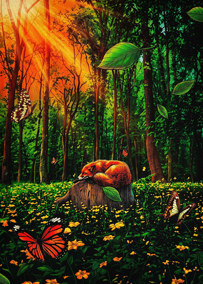 Sleeping Fox Forest Art Poster
