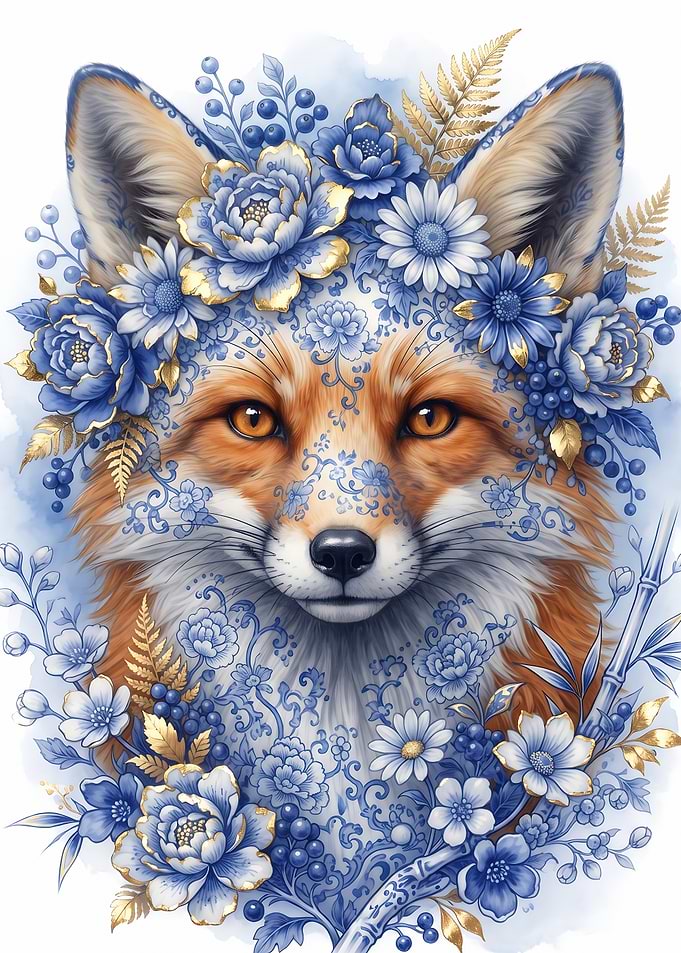 Fox Portrait with Blue Porcelain Patterns